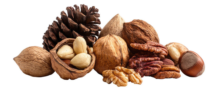 Assortment of various nuts and a pine cone on a black background