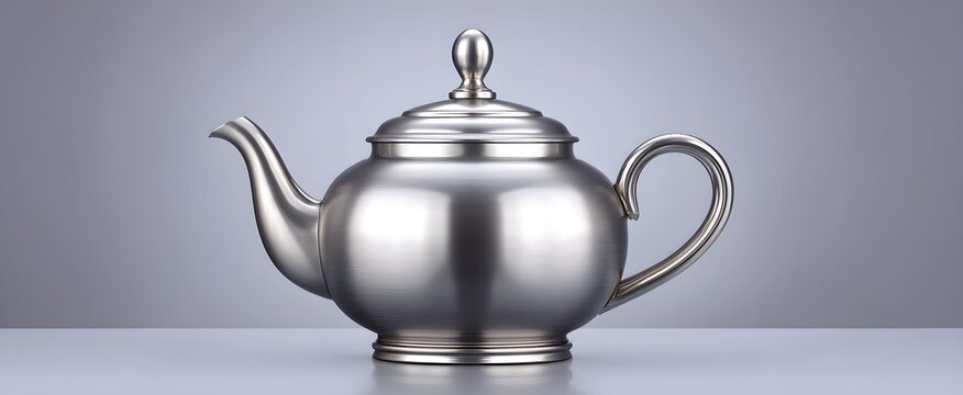 A sleek stainless steel teapot displayed against a plain white background. - Powered by Adobe