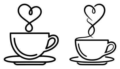 Coffee Cup with Heart Steam Icon Set. Line art symbol of love for coffee or tea. Hot drink mug vector for cafe logo menu or valentine design.