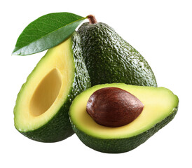 Fresh green avocados, one sliced open with seed