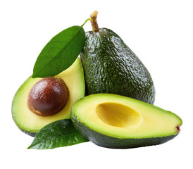 Fresh, ripe green avocados with vibrant flesh and leaves