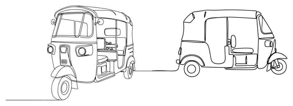 Auto Rickshaw Continuous Line Drawing. One line art illustration of an Indian Tuk Tuk. Minimalist Asian transport vehicle vector for travel design.