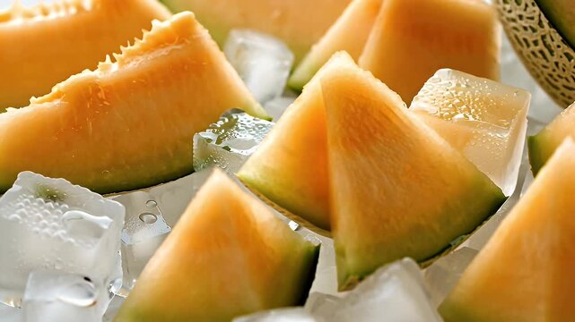 Colorful piles of diced cantaloupe melon chunks nestled with ice cubes for a refreshing snack