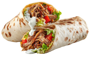 Delicious shredded meat and fresh vegetables wrapped in a tortilla