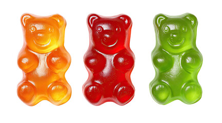 Three translucent gummy bears in orange, red, and green colors
