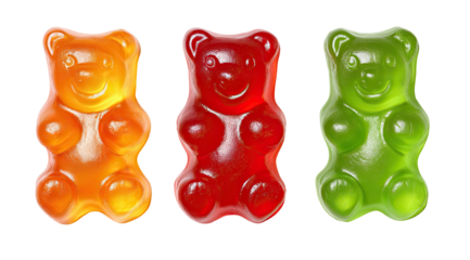 Three translucent gummy bears in orange, red, and green colors