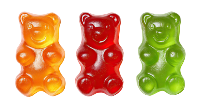 Three translucent gummy bears in orange, red, and green colors
