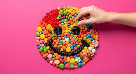 Creative Hand Arranging a Pop-Art Smiley Face from Colorful Candy