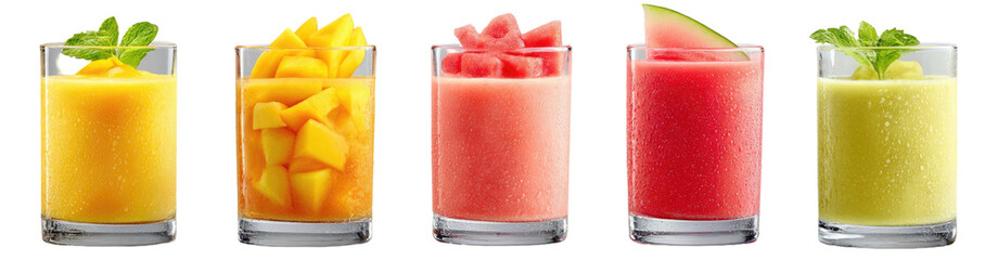 Five colorful fruit smoothies in clear glasses, garnished with mint