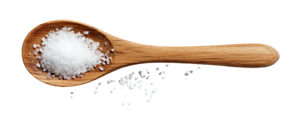 Wooden spoon filled with coarse salt on a black background