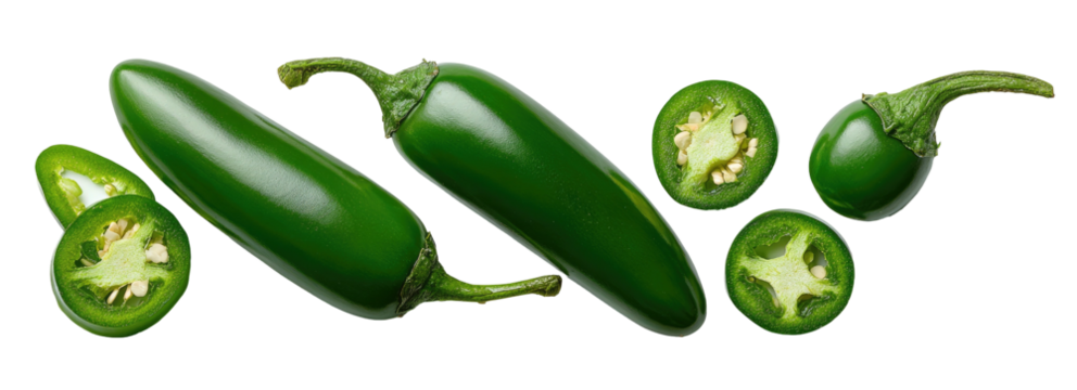 Two whole and three sliced green chili peppers on a black background
