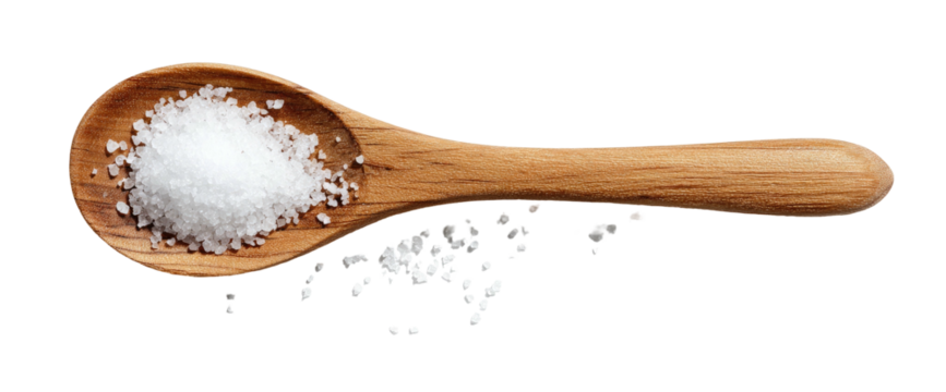 Wooden spoon filled with coarse salt on a black background