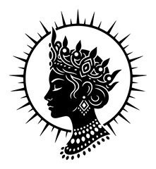 Ornate Goddess Silhouette with Crown and Sun Halo Beautiful Indian Queen Profile Vector Icon