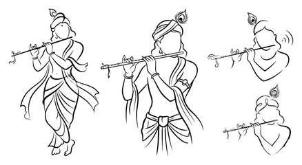 Lord Krishna Playing Flute Line Art Set Hindu God Hand Drawn Sketch Vector Collection