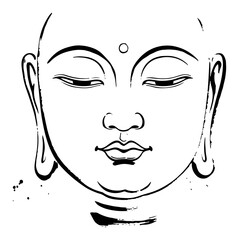 Buddha Face Ink Brush Stroke Painting Serene Meditating Gautama Head Vector Illustration