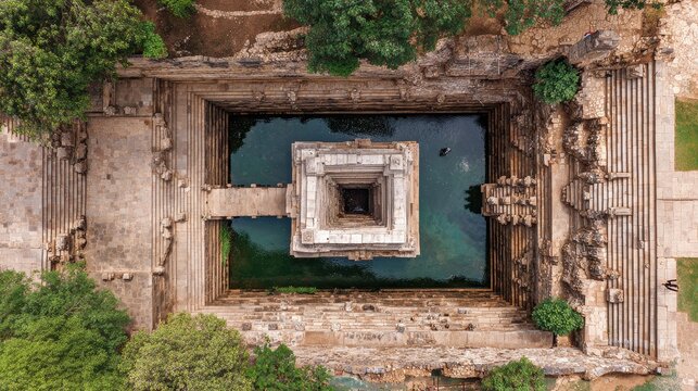 Top-down aerial view of a historic Indian stepwell with water