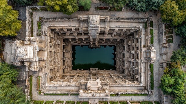 Deep ancient Indian stepwell revealing intricate geometric architecture from above - Powered by Adobe