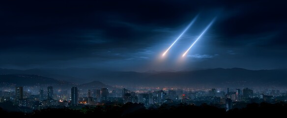 Missile strikes brightening the nighttime city skyline with flashes and bursts above buildings