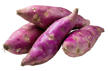 Pile of purple sweet potatoes on a white background