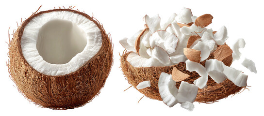 Fresh coconut halves, one whole and one filled with pieces