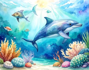 Obraz premium Underwater scene with dolphin and colorful coral reef