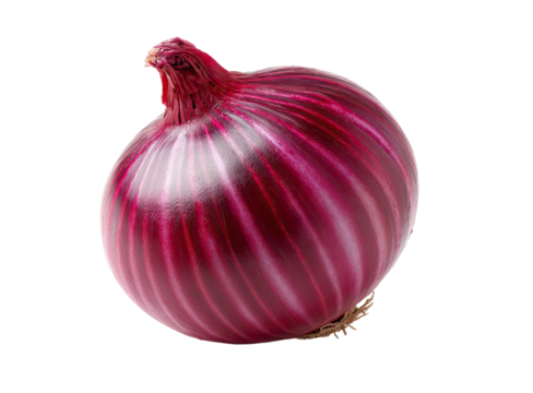 A whole, vibrant red onion isolated against a black background
