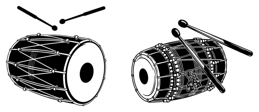 Indian Dhol Drum Vector Set Traditional Punjabi Percussion Instrument in Engraved Style