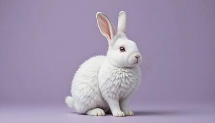 Adorable white rabbit sitting patiently on soft purple background for Easter and spring designs