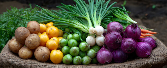 Organic vegetables bursting from earth's treasure chest ready for market distribution.