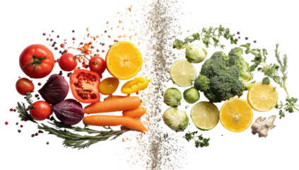 Fresh vegetables and fruits arranged artistically on a dark background