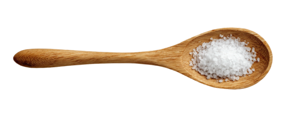 Granulated salt piled high on a wooden spoon, isolated