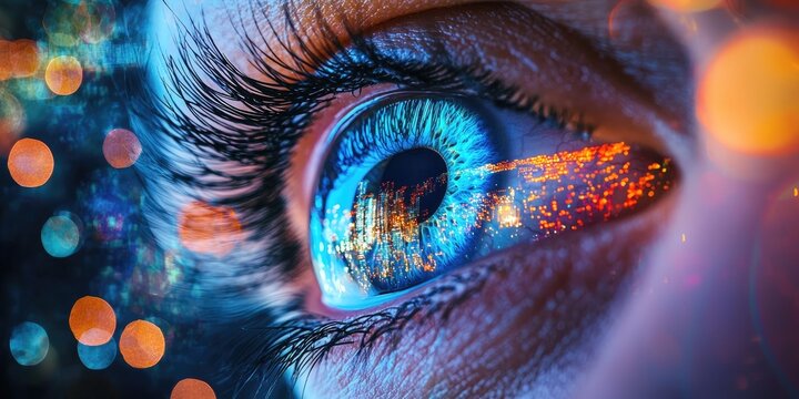 Close-up of a human eye with a cityscape reflected in the iris, set against a colorful bokeh background.