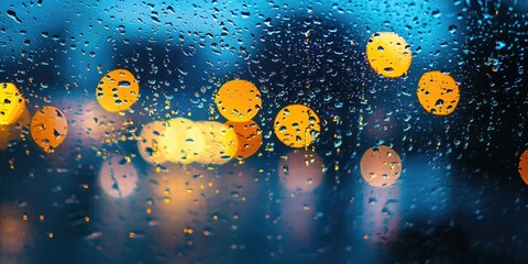 Raindrops on a window, with blurred lights in the background, creating a bokeh effect.
