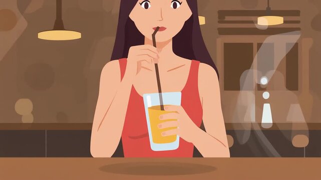 Vibrant vector illustration of a young woman enjoying a refreshing beverage with a straw in a relaxed indoor setting, perfect for depicting leisure and modern lifestyle moments