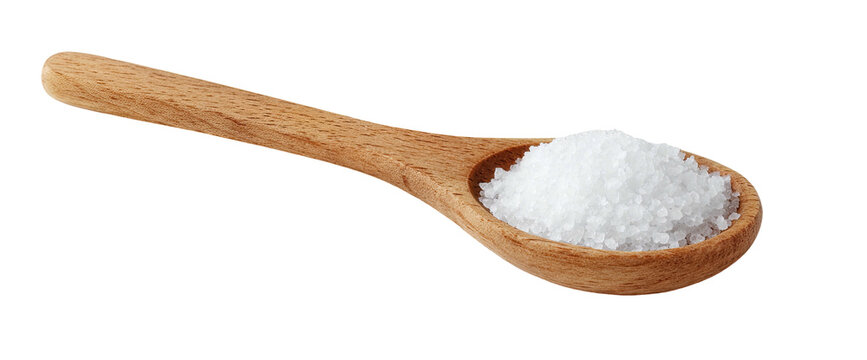 A wooden spoon holds a pile of coarse white crystals