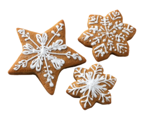 Festive star and snowflake cookies with white icing designs