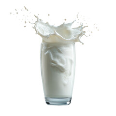 White milk splashing from a clear glass, isolated on black background
