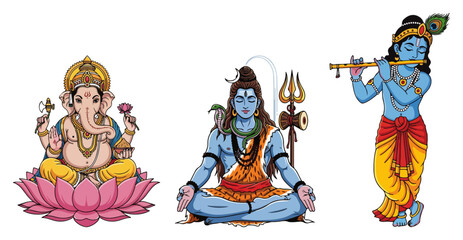 Hindu Deities Vector Set Ganesha Shiva Krishna Color Illustration