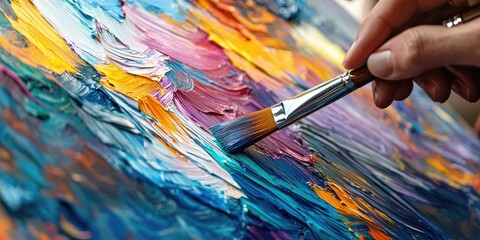 Fototapeta premium A hand holding a paintbrush, applying paint to a canvas with a palette in the foreground, creating a vibrant and colorful abstract painting.