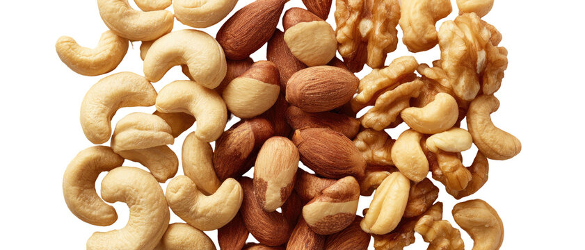 A close-up assortment of mixed nuts, including cashews and walnuts