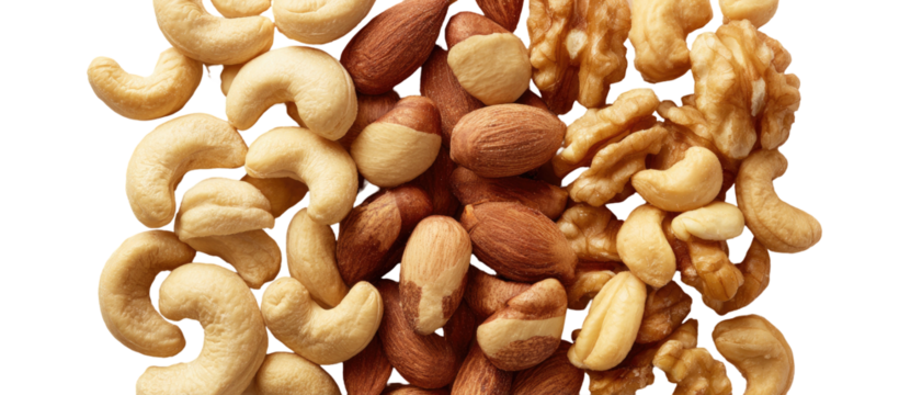 A close-up assortment of mixed nuts, including cashews and walnuts