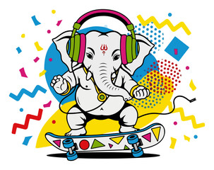 Cool Ganesha on Skateboard with Headphones Urban Pop Art Vector Mascot