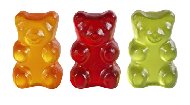 Three translucent gummy bears in orange, red, and green colors on black