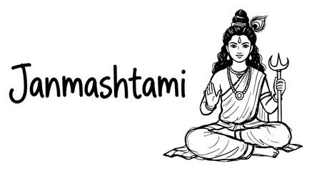 Lord Shiva Sitting with Trident Line Art Vector with Janmashtami Lettering