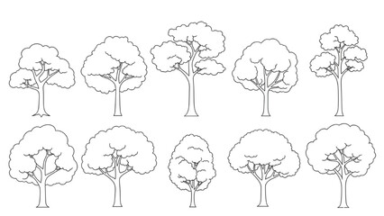 Line Art Tree Collection Diverse Outlines for Nature, Landscape, and Design Elements