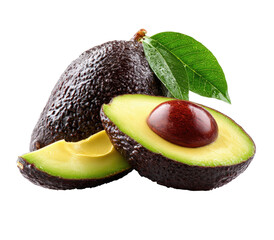 Fresh avocados, one whole, one halved, with leaf