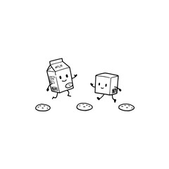 Vector art of a playful handdrawn illustration of a milk carton and a cookie running together, leaving a trail of cookies