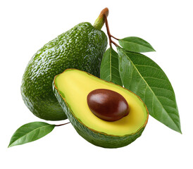 Fresh green avocado halves with pits and leaves on black