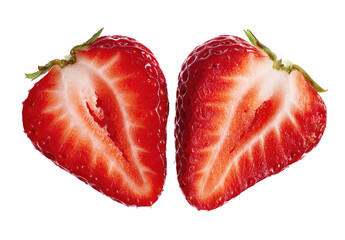 Two halves of a bright red strawberry, showcasing juicy white flesh