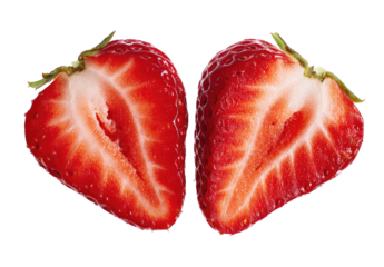 Two halves of a bright red strawberry, showcasing juicy white flesh